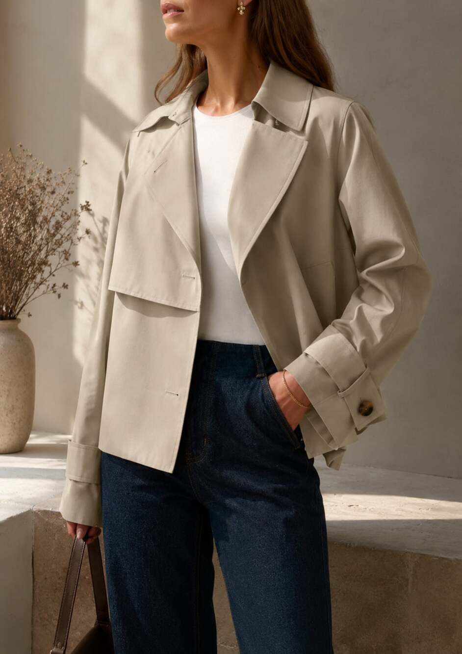 Womens Cropped Trench Coat Casual Long Sleeve Petite Double Breasted Jacket